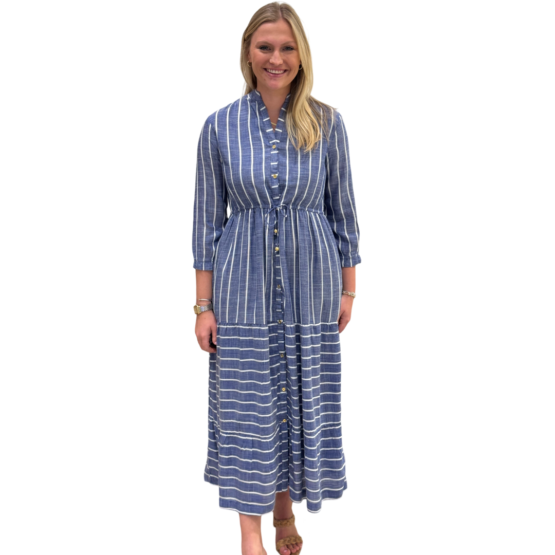 The Hamilton Chambray Stripe Tie Waist Dress in Blue and White — view 2