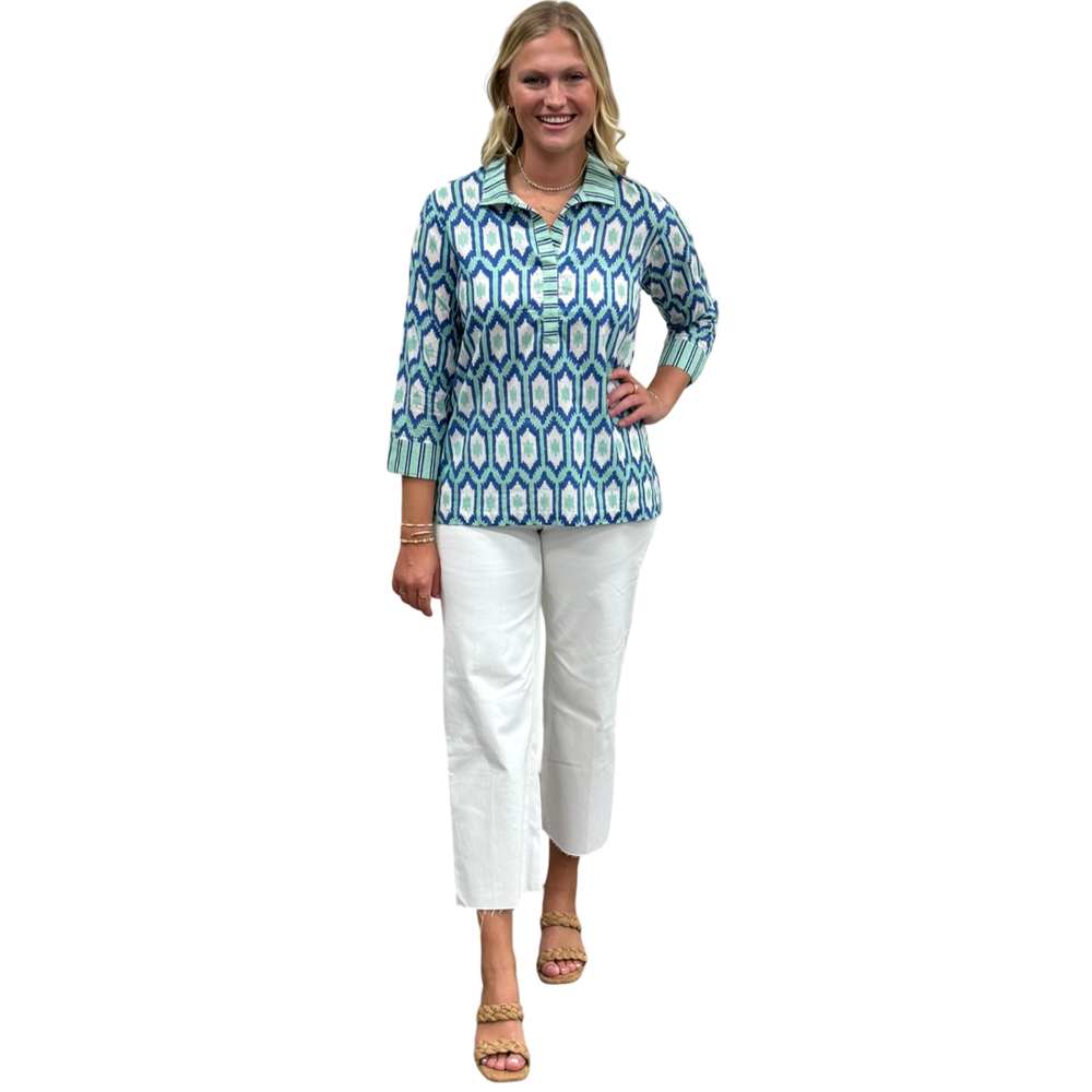 The Lisette Top in Green Blue Ikat — view 2