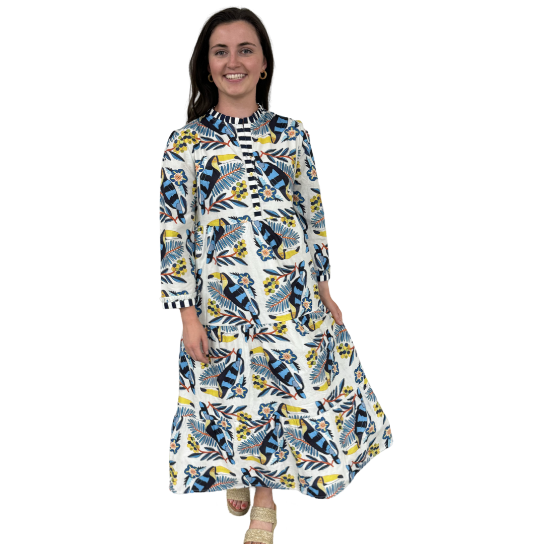 The Penny Toucan Print Midi Dress with Striped Trim — view 5