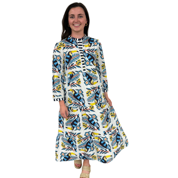 The Penny Toucan Print Midi Dress with Striped Trim — view 5