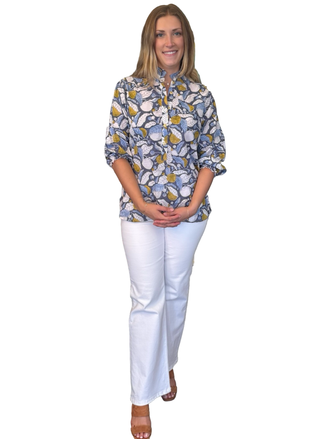 The Tricia Ruffle Trim Top in Grey Blue Leaf Print