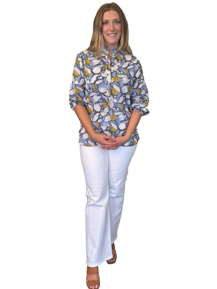 The Tricia Ruffle Trim Top in Grey Blue Leaf Print