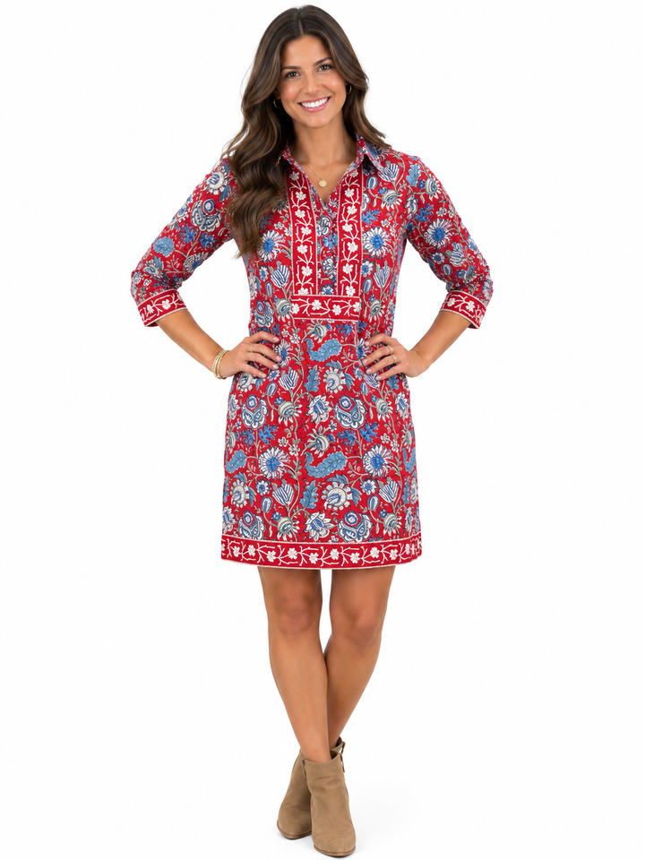 The Annika Shirt Dress in Red Blue Hand Block Printed Floral
