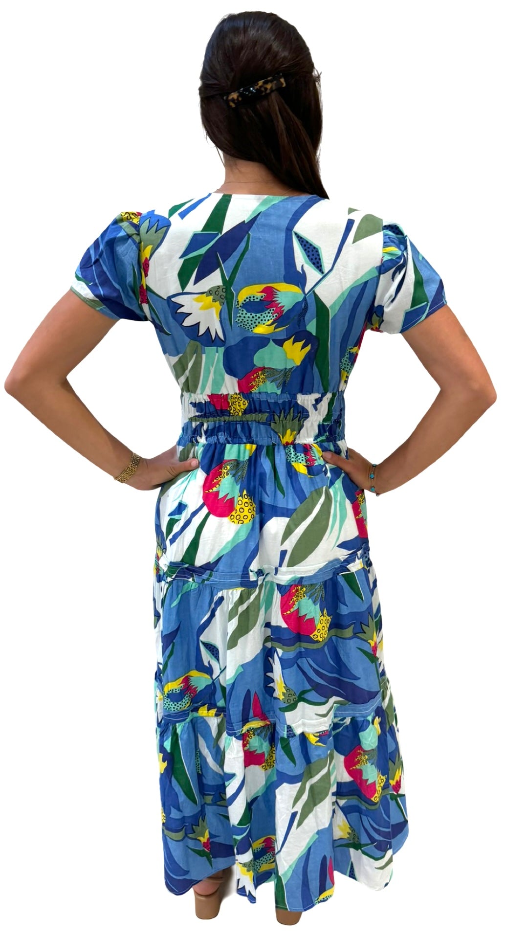 The Sydney Cinch Waist Dress in Blue Multi Color Tropical Cotton — view 6