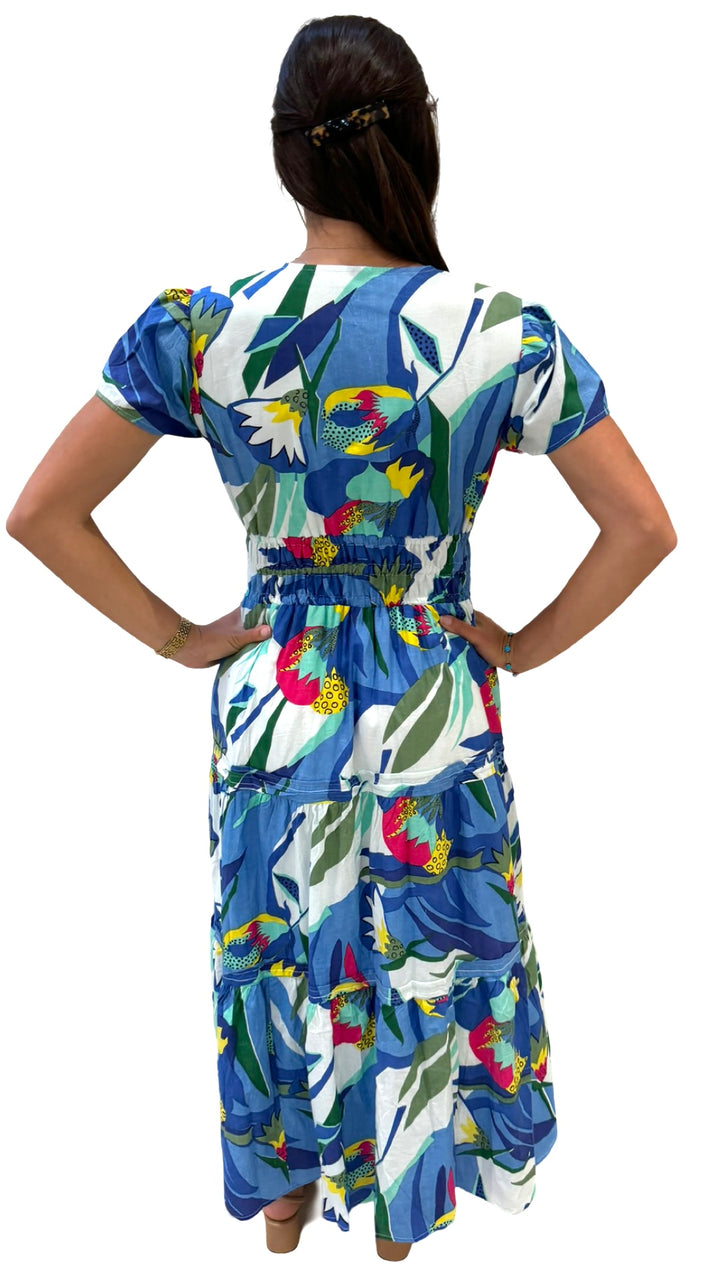 The Sydney Cinch Waist Dress in Blue Multi Color Tropical Cotton — view 6