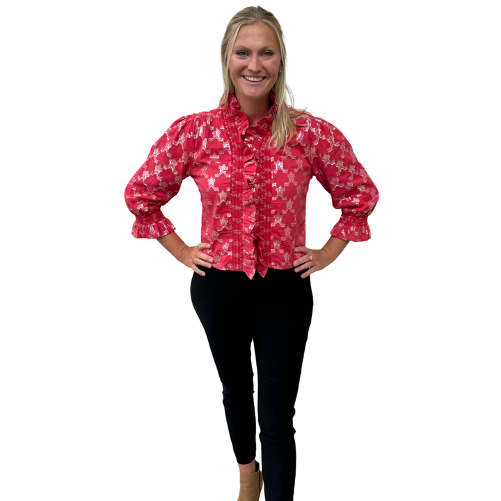 The Amelia Ruffle Trim Top in Pink and Silver — view 3