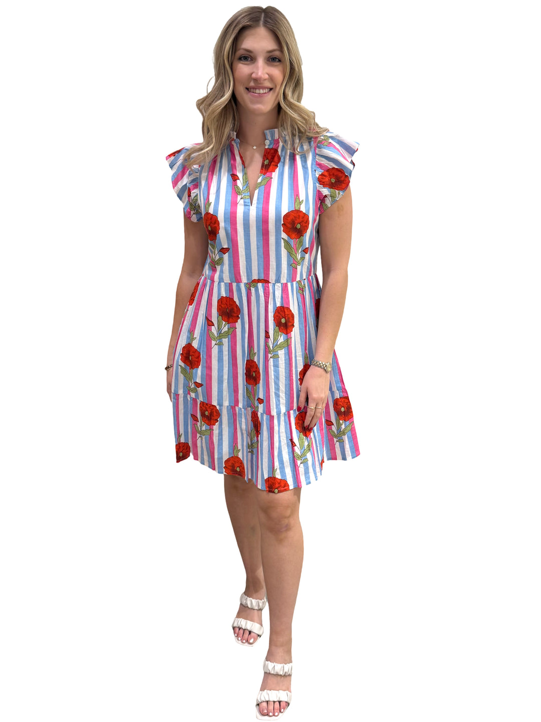 The Tinley Cotton Hand Block Printed Striped Dress in Pink Blue Floral