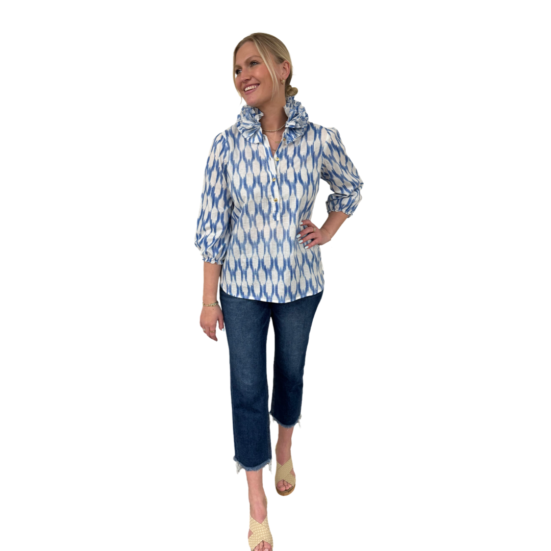The Maria Ruffle Neck Cotton Blouse in Blue and White Ikat — view 5