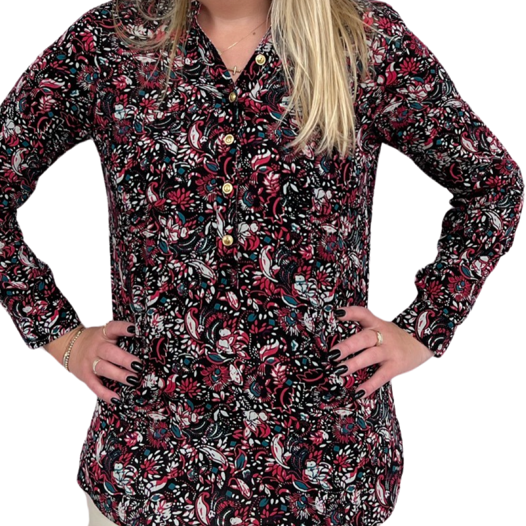 The Gretchen Button Front Top in Black and Cranberry Floral Rayon Crepe — view 4