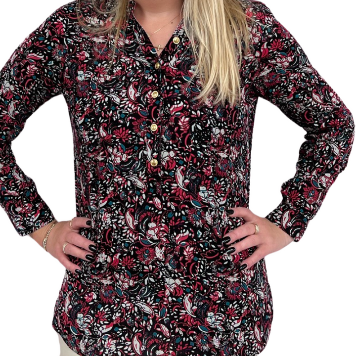 The Gretchen Button Front Top in Black and Cranberry Floral Rayon Crepe — view 4
