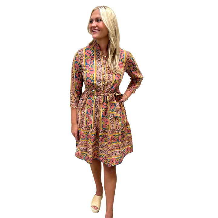 The Hampton Button Front Sash Dress in Peach and Gold — view 4