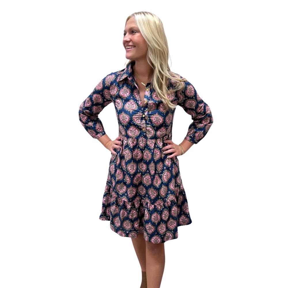 The Kalie Floral Block Print Dress in Blue and Pink — view 2