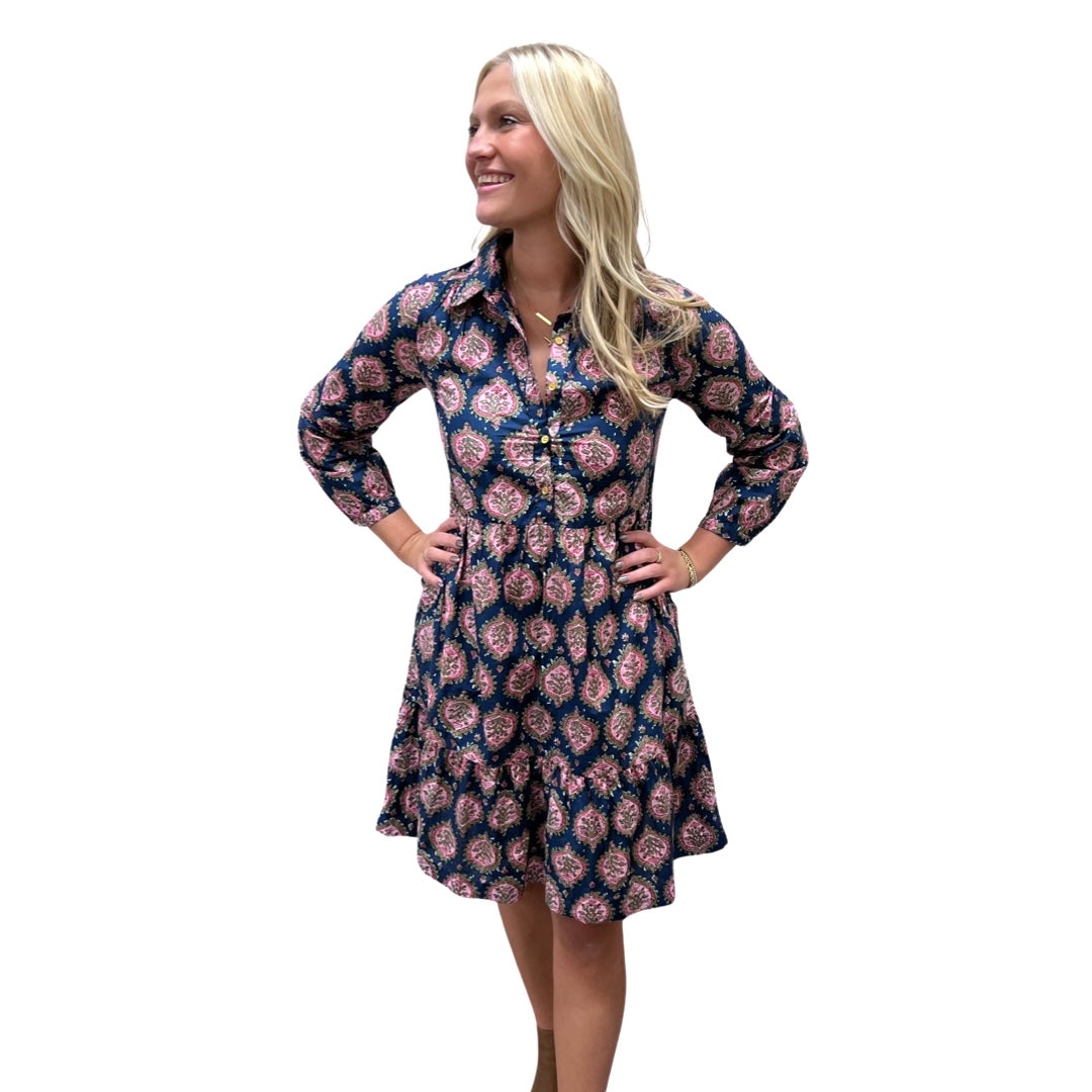 The Kalie Floral Block Print Dress in Blue and Pink — view 2