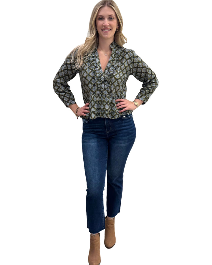 The Bella Ruffle Trim Top in Green Grey Silver Lurex — view 6