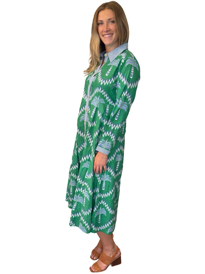 The Marion Button Front Dress in Green Blue Palm Print Cotton