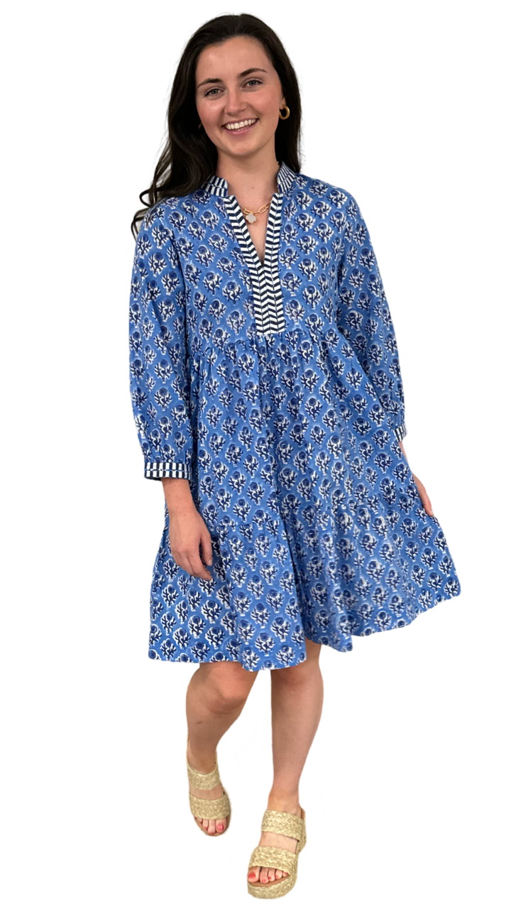 The Naomi Hand Block Printed Cotton Embroidered Dress in Brilliant Blue and White Floral — view 4
