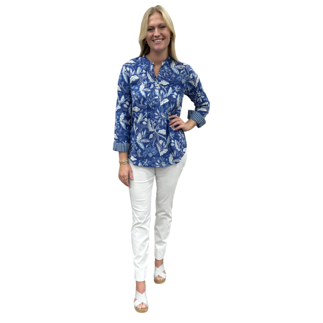 The Avery Cotton Hand Block Printed Top in Brilliant Blue Floral — view 3