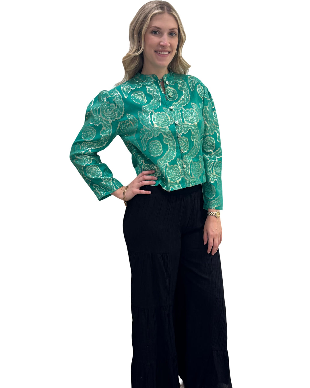 The Adelaide Button Front Jacket Top in Emerald and Gold — view 4