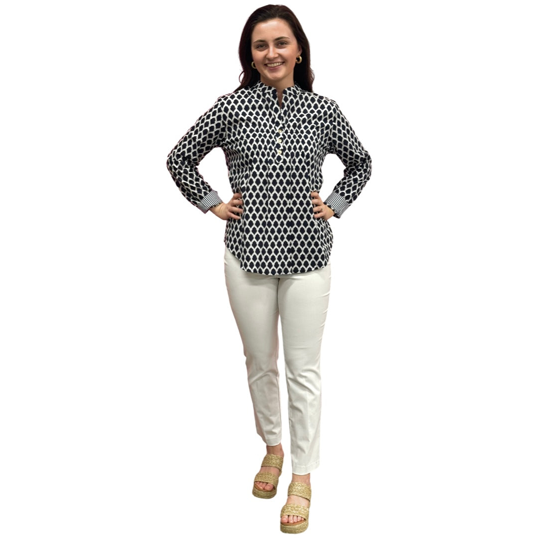 The Avery Navy and White Button Front Top