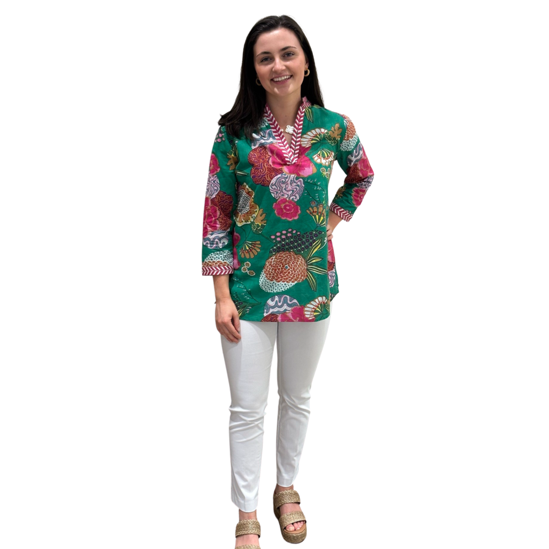 The Brie Floral Printed Cotton Tunic in Jade
