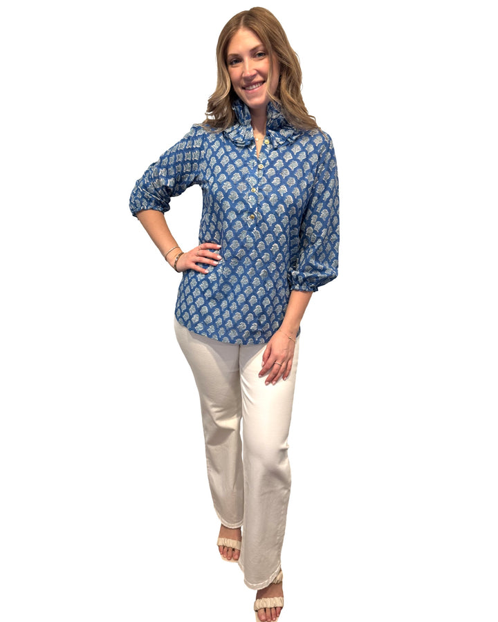 The Maria Ruffle Neck Blouse in Blue and Mint Floral — view 2
