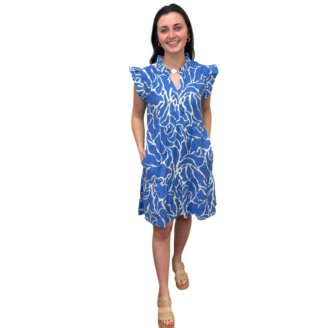 The Campbell Flutter Sleeve Dress in Brilliant Blue and White — view 2