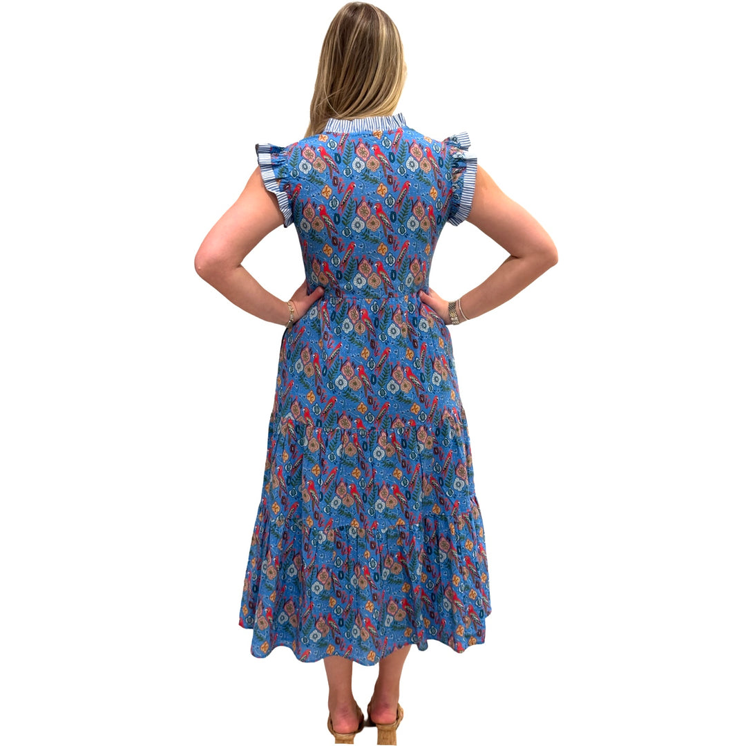 The Campbell Flutter Sleeve Dress in Blue Parrot Print — view 5