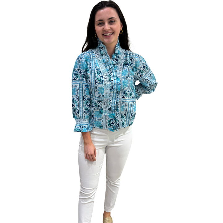 The Amelia Ruffle Front Cotton Top in Aqua Tile Print — view 4