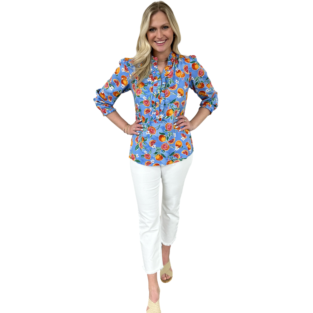The Carrie Fresh Squeezed Orange Print Blouse in Periwinkle Blue — view 3