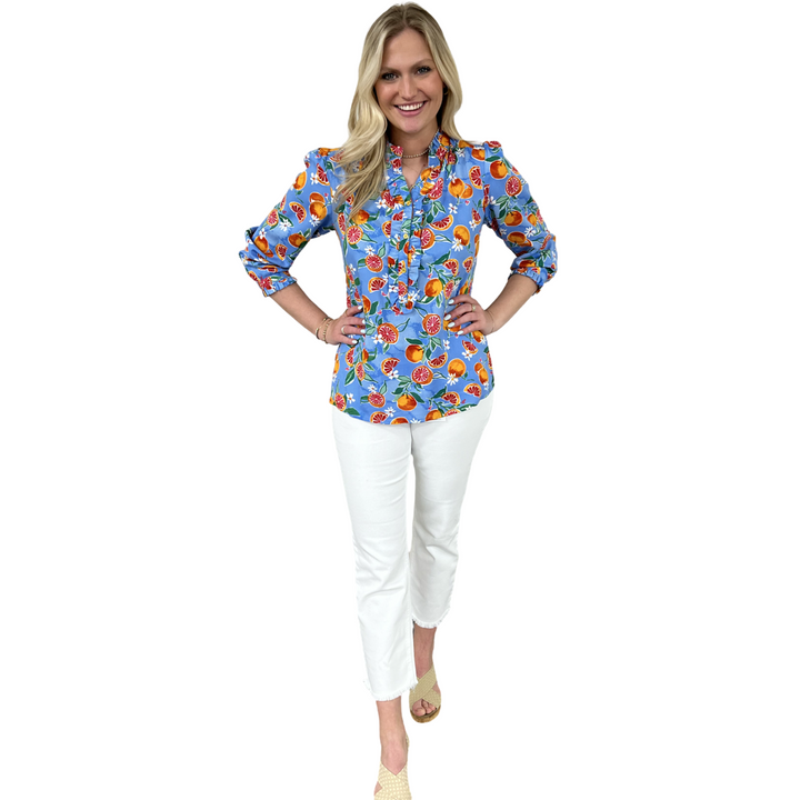 The Carrie Fresh Squeezed Orange Print Blouse in Periwinkle Blue — view 3