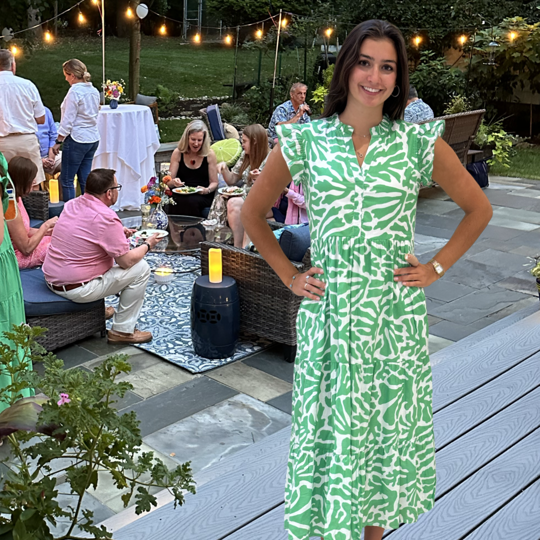 The Campbell Long Flutter Sleeve Dress in Vibrant Green and White — view 9