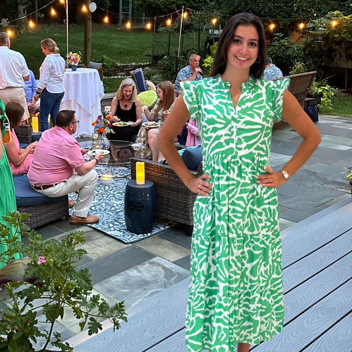 The Campbell Long Flutter Sleeve Dress in Vibrant Green and White — view 9