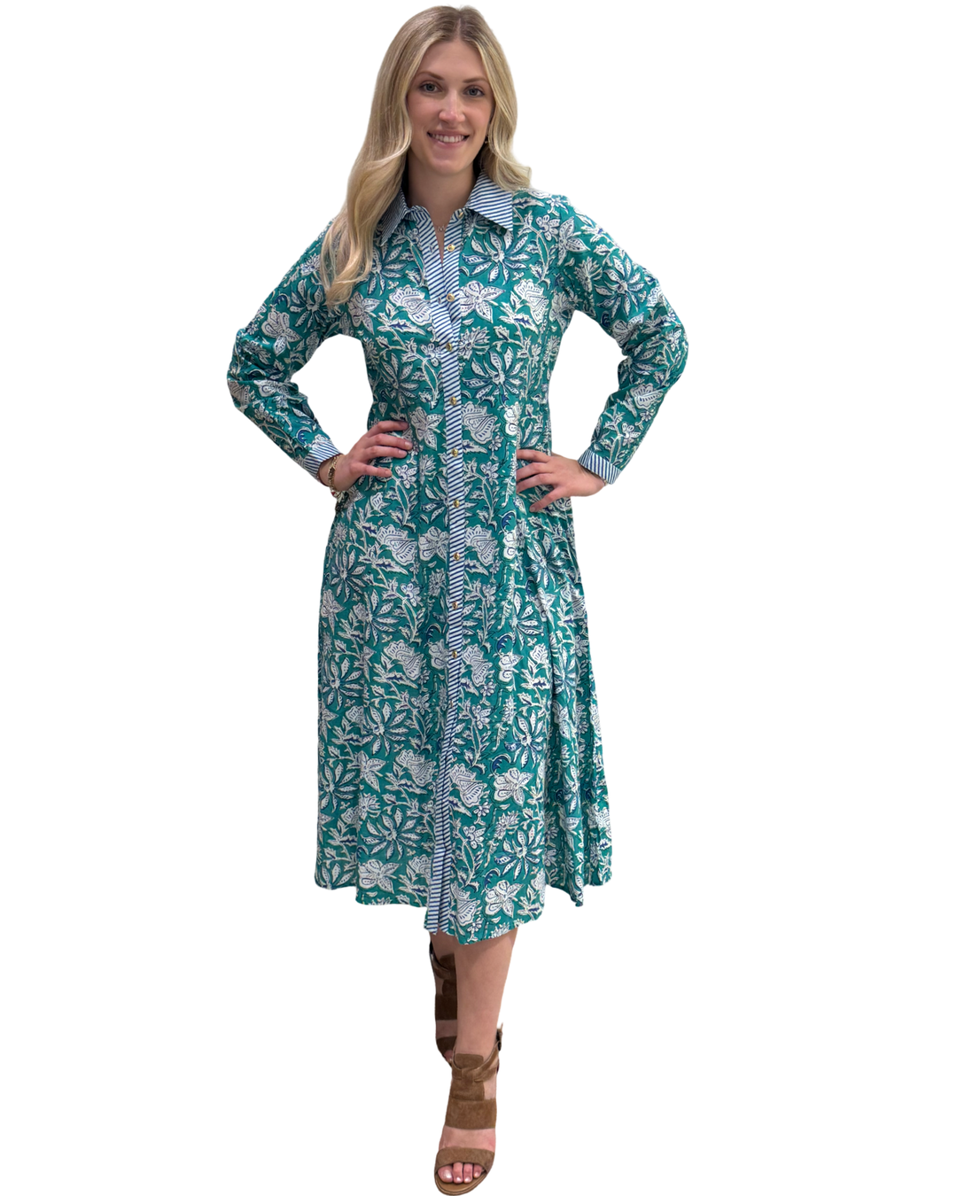 The Marion Hand Block Printed Button Front Dress in Green and Blue Floral — view 4