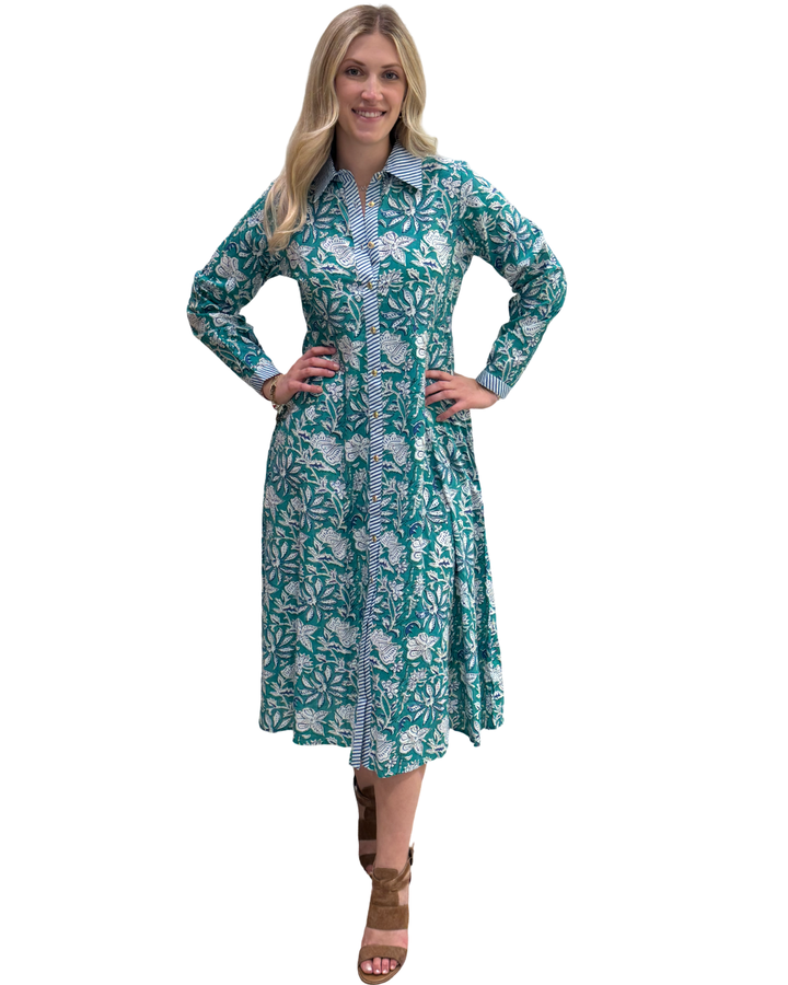 The Marion Hand Block Printed Button Front Dress in Green and Blue Floral — view 4
