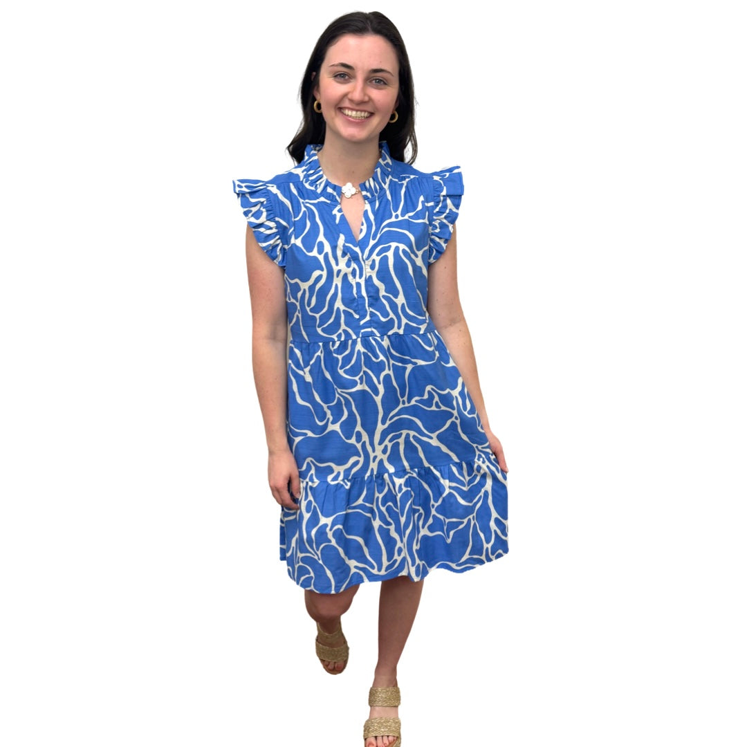 The Campbell Flutter Sleeve Dress in Brilliant Blue and White — view 4