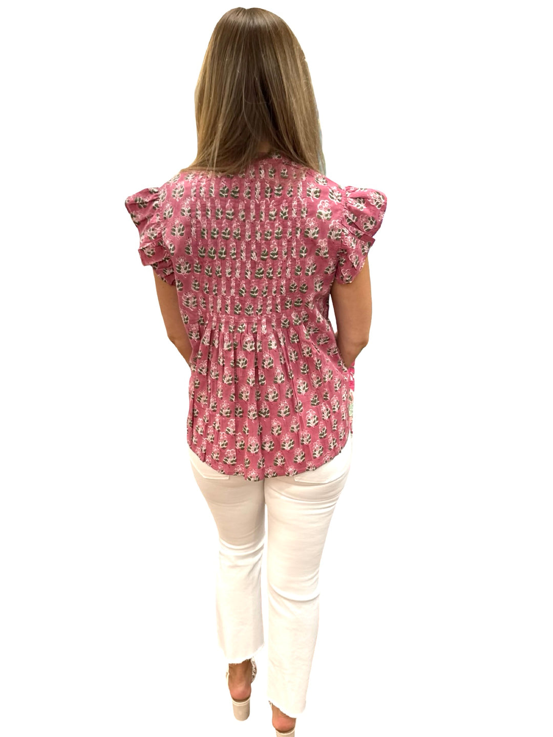 The Ava Pintuck Cotton Top in Rase Pink Hand Block Printed Floral — view 5