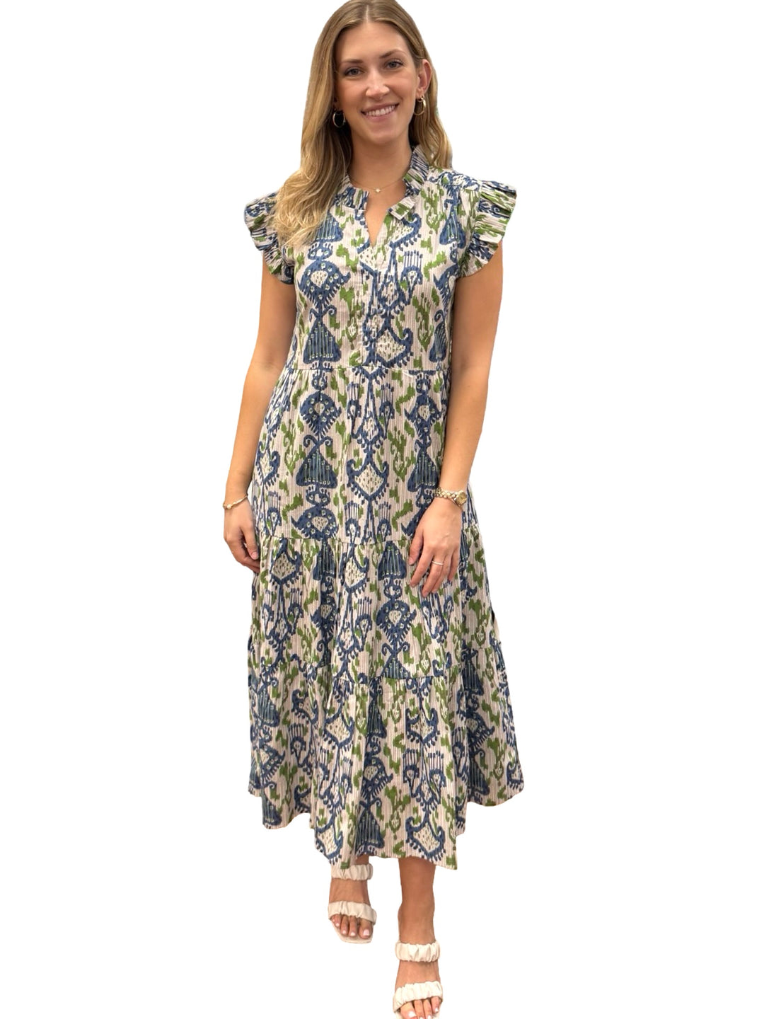The Campbell Flutter Sleeve Dress in Blue Green Ikat