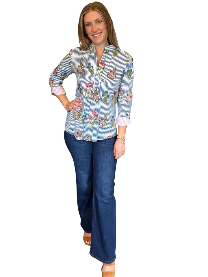 The Eloise Cotton Hand Block Printed Top in Blue Striped Floral