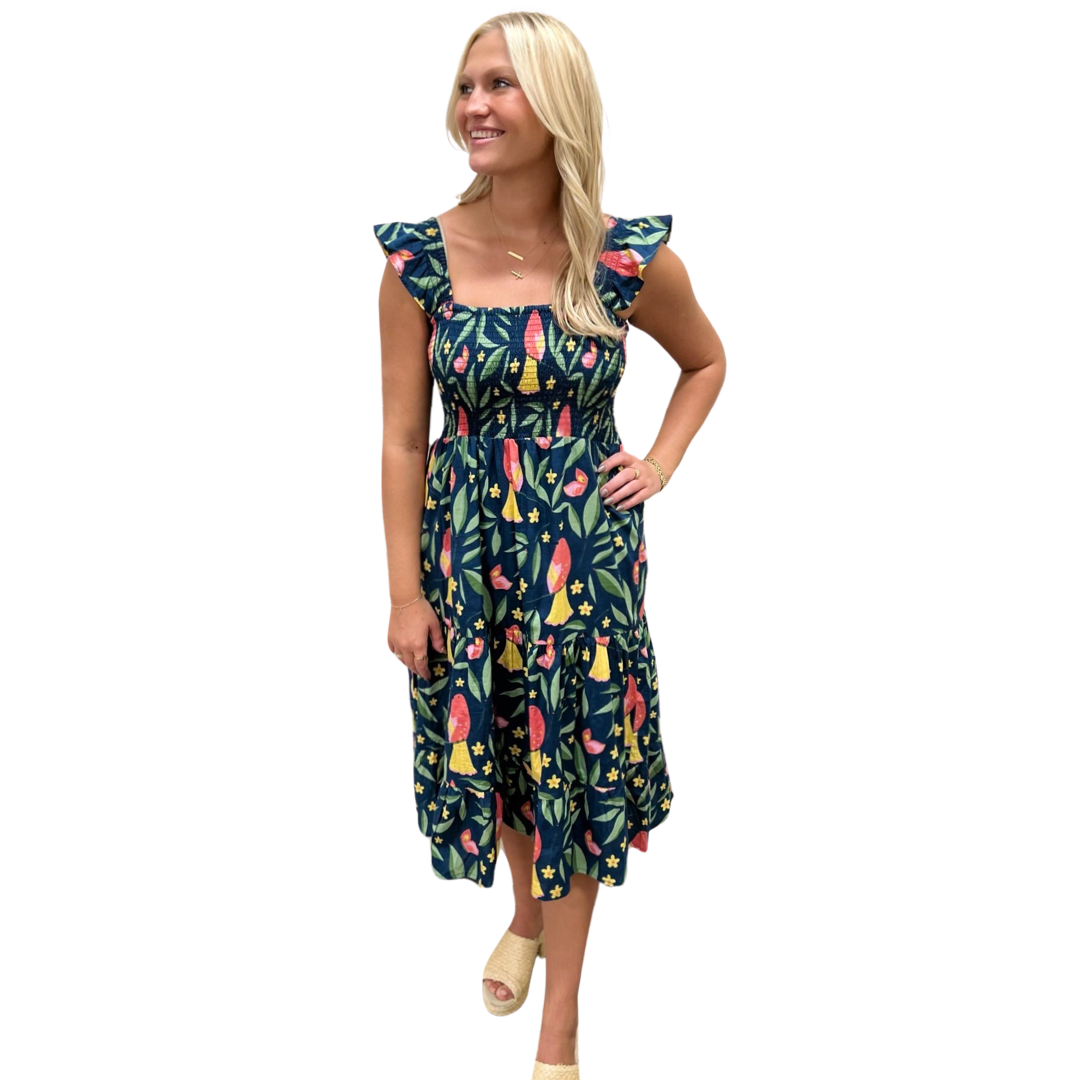 The Cloey Navy Smocked Bird Print Dress — view 2