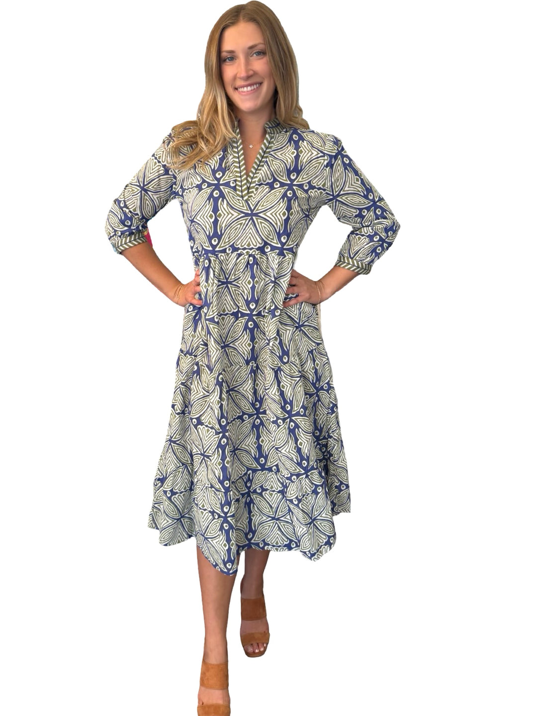The Daniella Embroidered Trim Dress in Navy Green