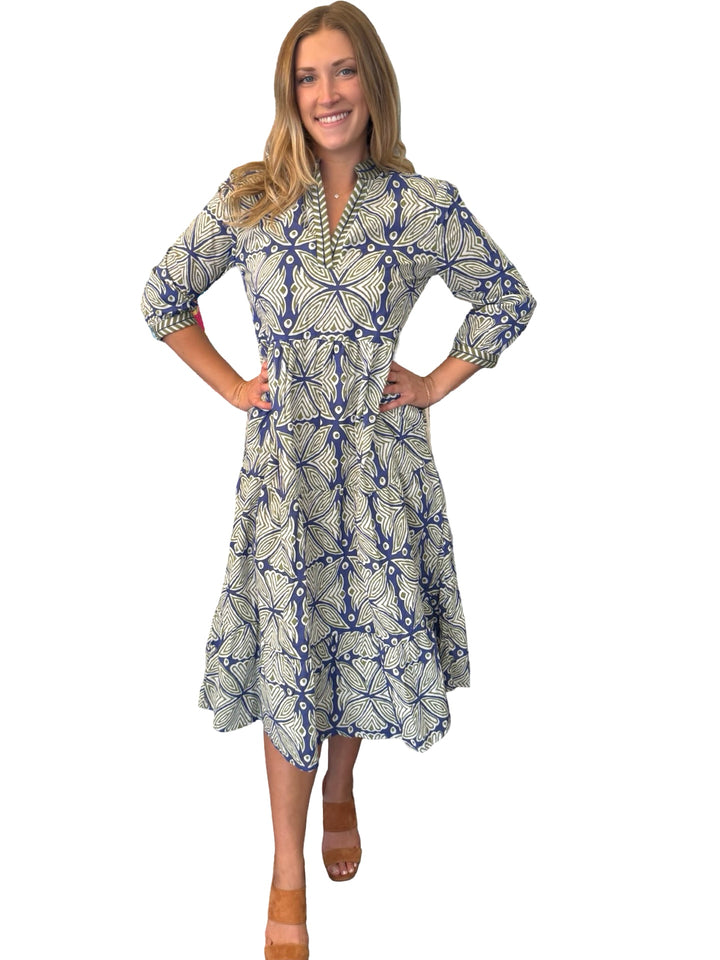 The Daniella Embroidered Trim Dress in Navy Green