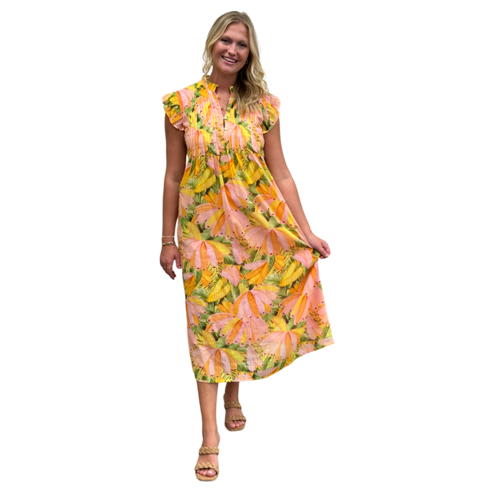 The Maggie Tropical Print Long Dress in Peach — view 6