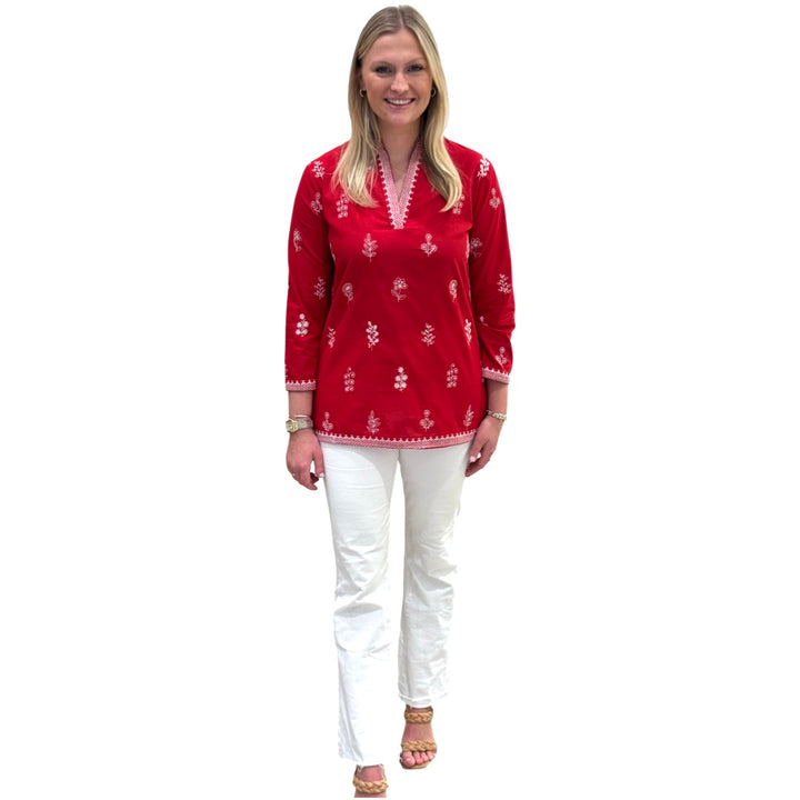 The Brie Embroidered Cotton Tunic in Red and White — view 4