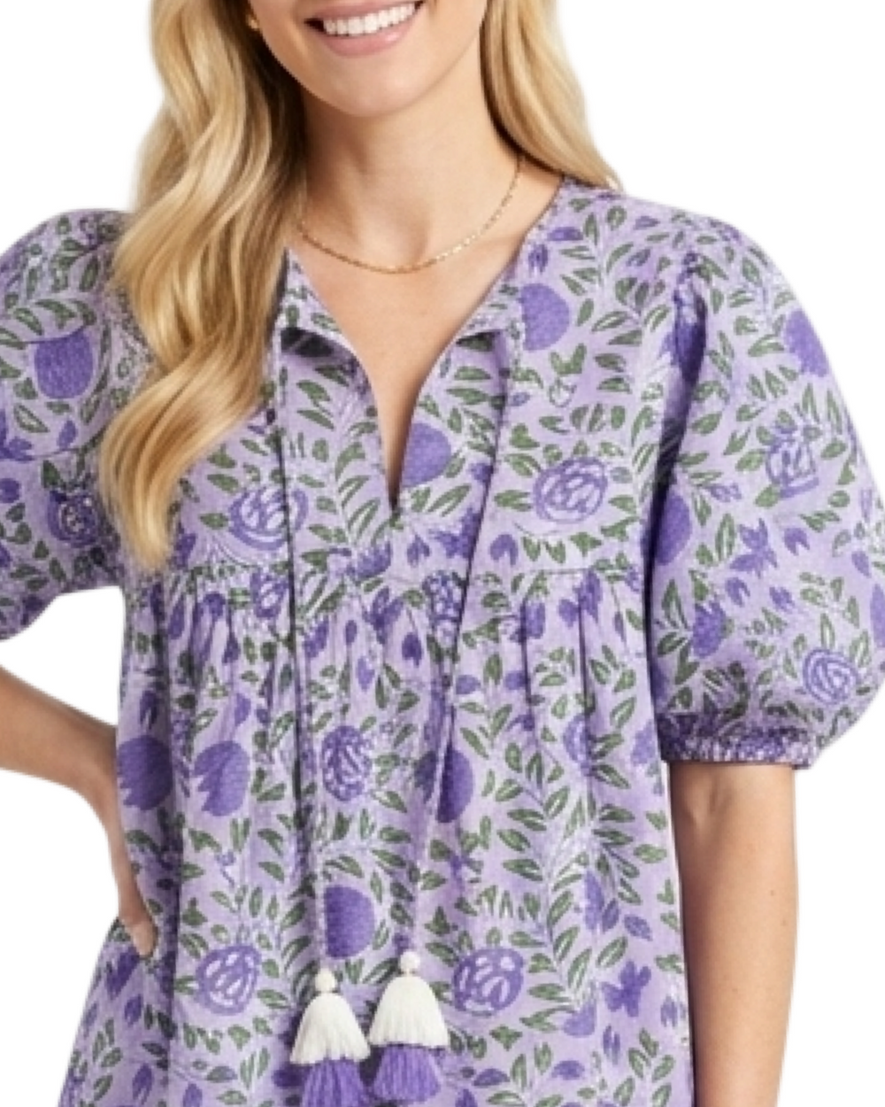 The Poppy Puff Sleeve Top in Purple Floral Hand Block Printed Cotton — view 2