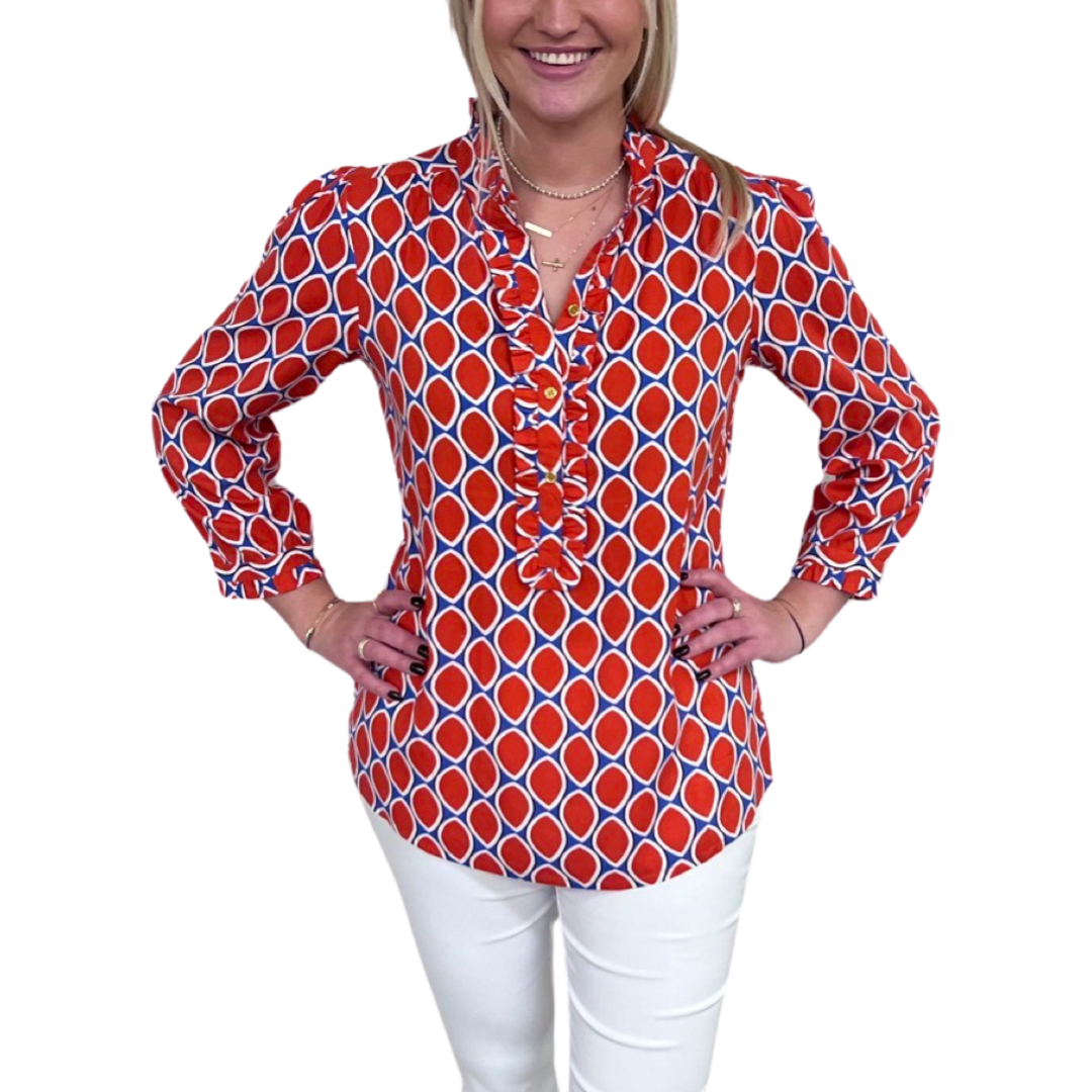 The Carrie Tangerine and Blue Ruffle Trimmed Top — view 5