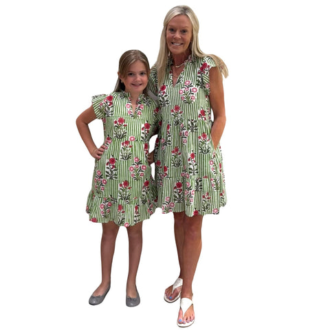 The Tinley Green Striped Floral Hand Block Dress for Girls