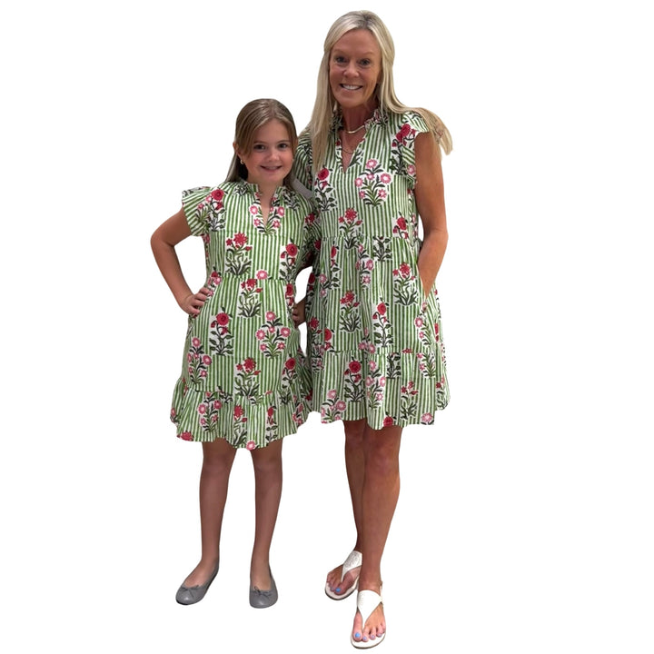 The Tinley Green Striped Floral Hand Block Dress for Girls