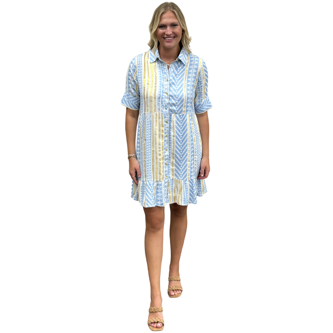 The Reagan Collared Button Front Short Sleeve Dress in Blue Gold Jacquard — view 6