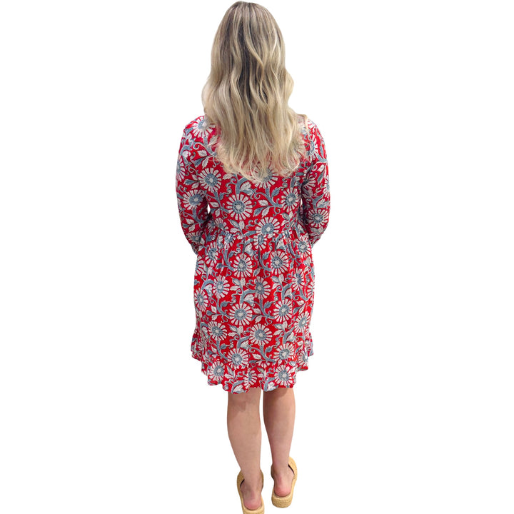 The Morley Embroidered Trim Dress in Blue Red Handblocked Floral — view 5