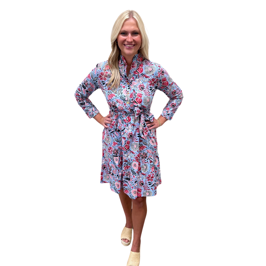 The Hampton Dress in Soft Blue Floral Bird Print